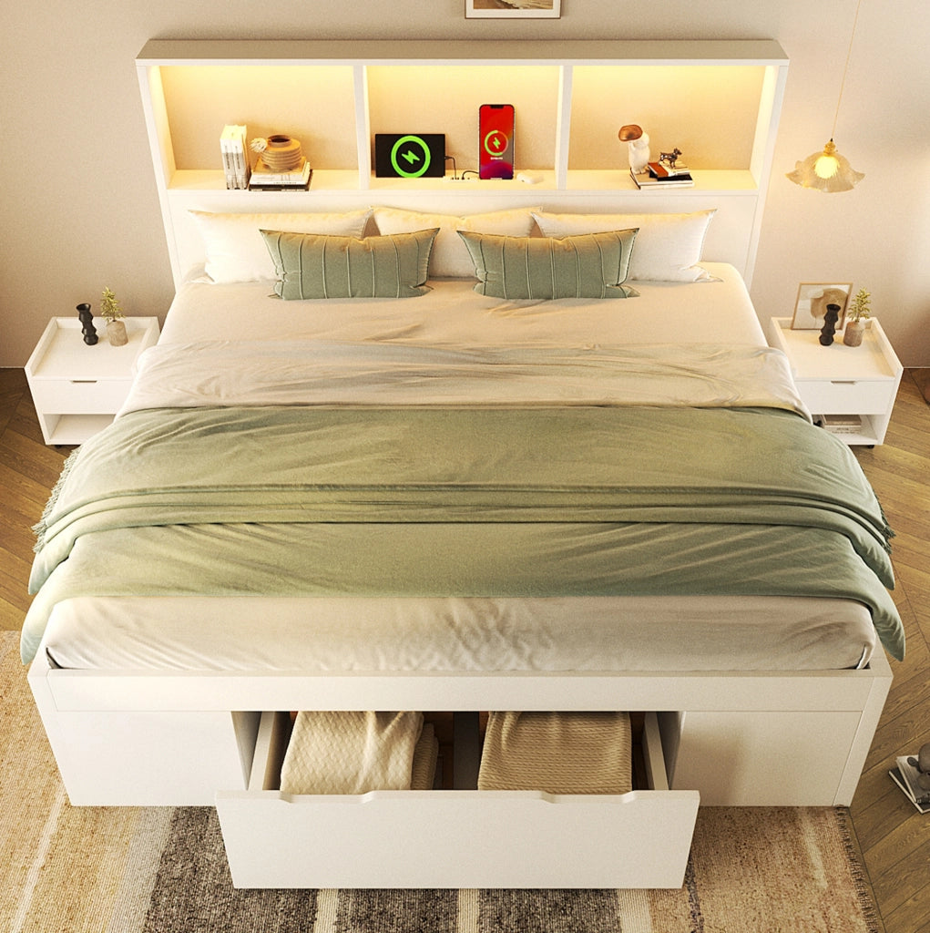 Letto matrimoniale 140x190 cm bianco con comodini mobili, LED, USB-C e cassetto