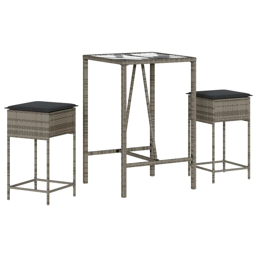 Set Bar da Giardino 3pz con Cuscini Grigio in Polyrattan