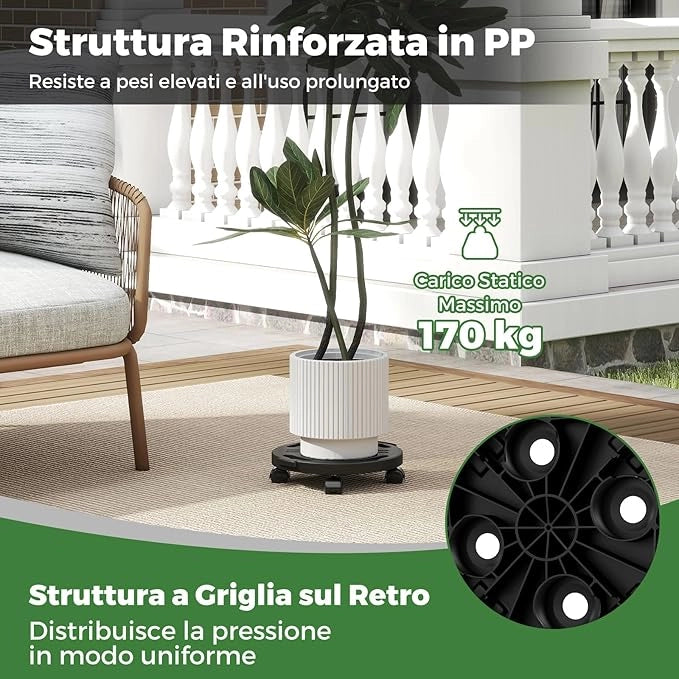 Sottovaso per Piante con 4 Ruote Universali, Carrello Tondo per Piante per Mobili, Secchi, Vasi di Fiori, Capacità di 170 kg