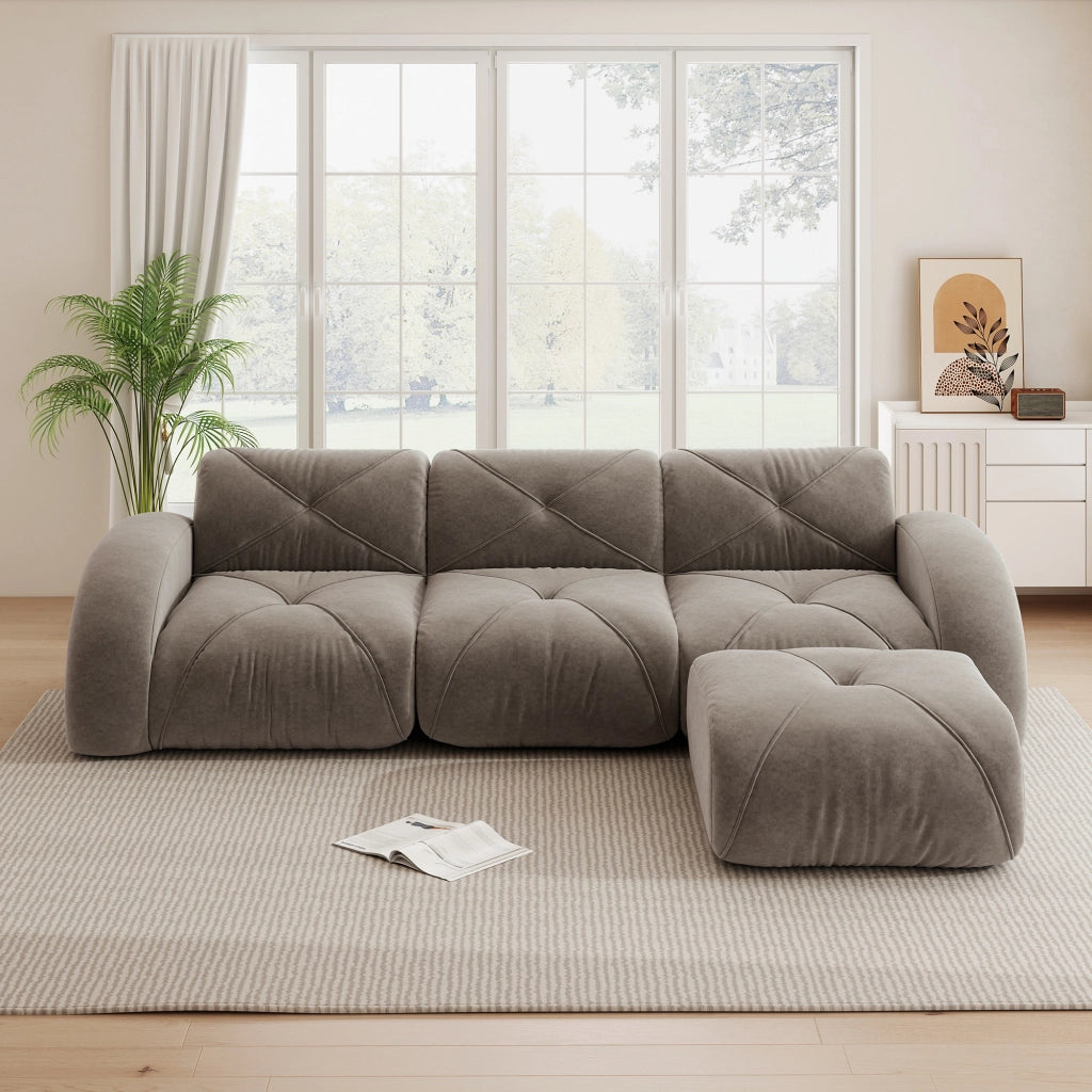 Divano modulare a L con pouf e seduta in schiuma 32D, in ciniglia tortora 281 × 171 × 76 cm