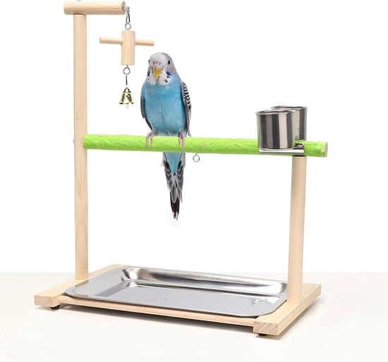 Area di Gioco per Uccelli - Legno Naturale - Standard di Gioco - Becher di Cibo - Scala Rimovibile - Per Pappagalli, Pappagalli di Giardino, Amori di Pappagallo