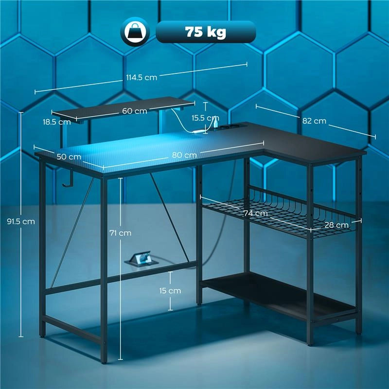 SCRIVANIA GAMING ANGOLARE CON LED, PRESE ELETTRICHE, SUPPORTO PER MONITOR E SCAFFALE, NERO