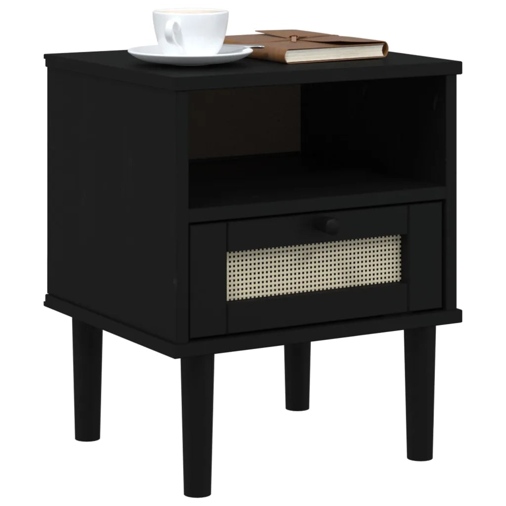 Comodino SENJA Nero Aspetto Rattan 40x35x48 cm in Legno di Pino 358012