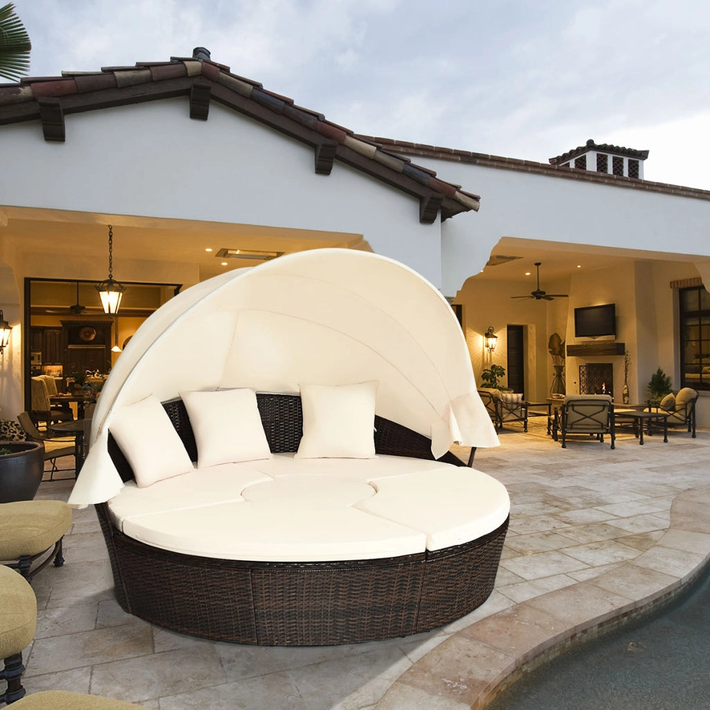 Letto da giardino rotondo in rattan con tettuccio retrattile sedili separati, Set di divano modulare Beige-Set mobili da esterno