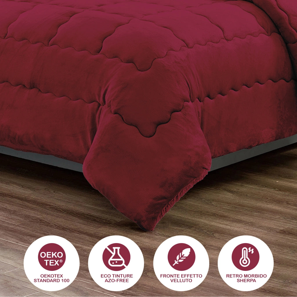 Trapunta Matrimoniale Velluto Retro In Sherpa Piumone Invernale Effetto Piuma 560 Gr/Mq Piumino Caldo Due Piazze Inverno Coperta Duck Friendly Bordeaux