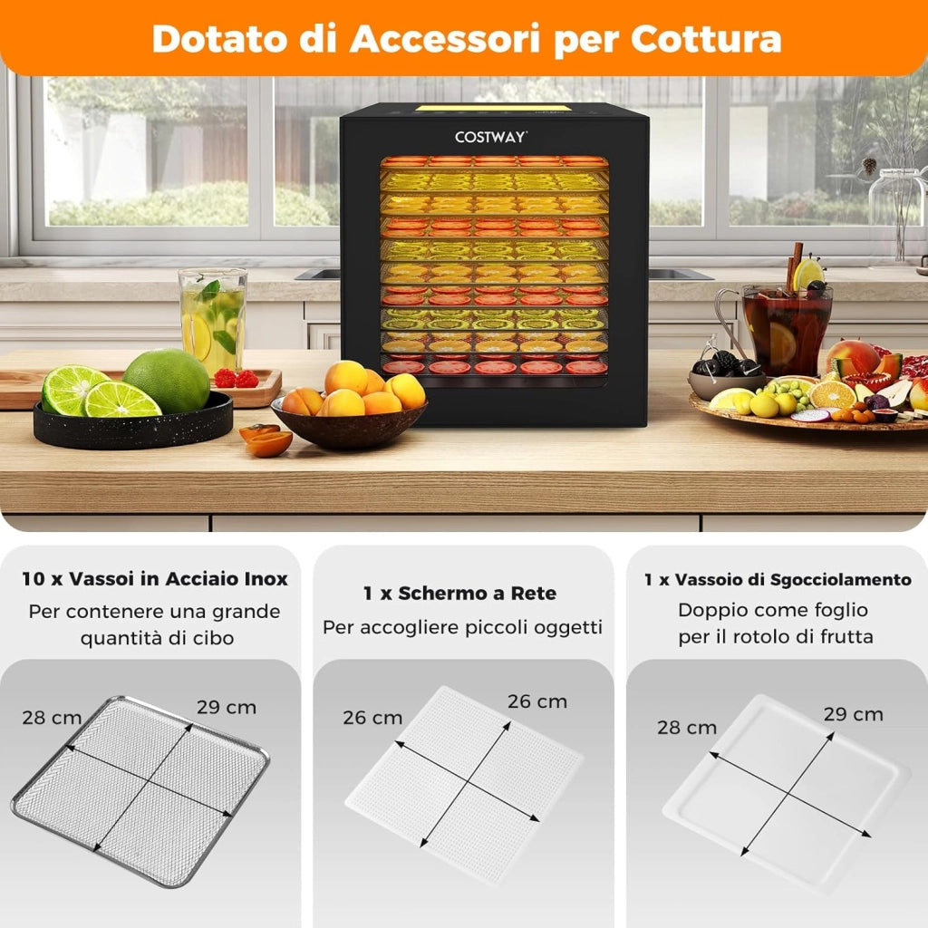 850W Essiccatore Alimentare, Disidratatore per Cibo in Acciaio Inox con 10 Vassoi, 10 Programmi, Timer e Temperatura da 30-75℃, Accessori Inclusi, per Frutta, Verdura e Carne