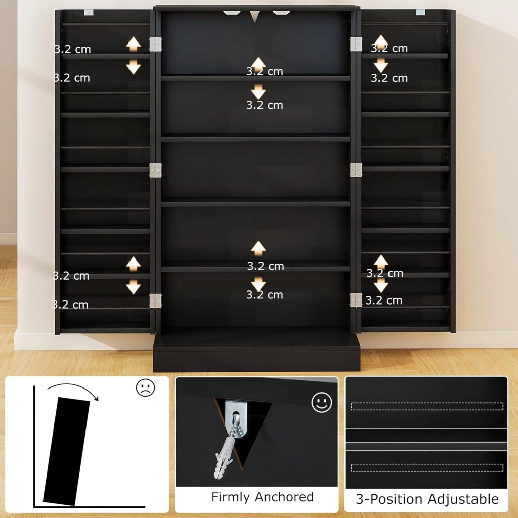 Armadietto Portaoggetti da Cucina, Credenza Aoggiorno a Doppia Porta con Ripiano Regolabile, Mobiletto Multioso con Dispositivo Antiribaltamento per Sala da Pranzo, 59x30,5x103cm (Nero)