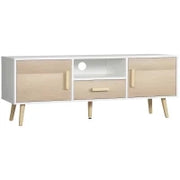 Mobile TV Basso per TV max 46" con Ripiano Aperto, Cassetto e 2 Armadietti, in Truciolato e Pino, 140x40x55.3 cm