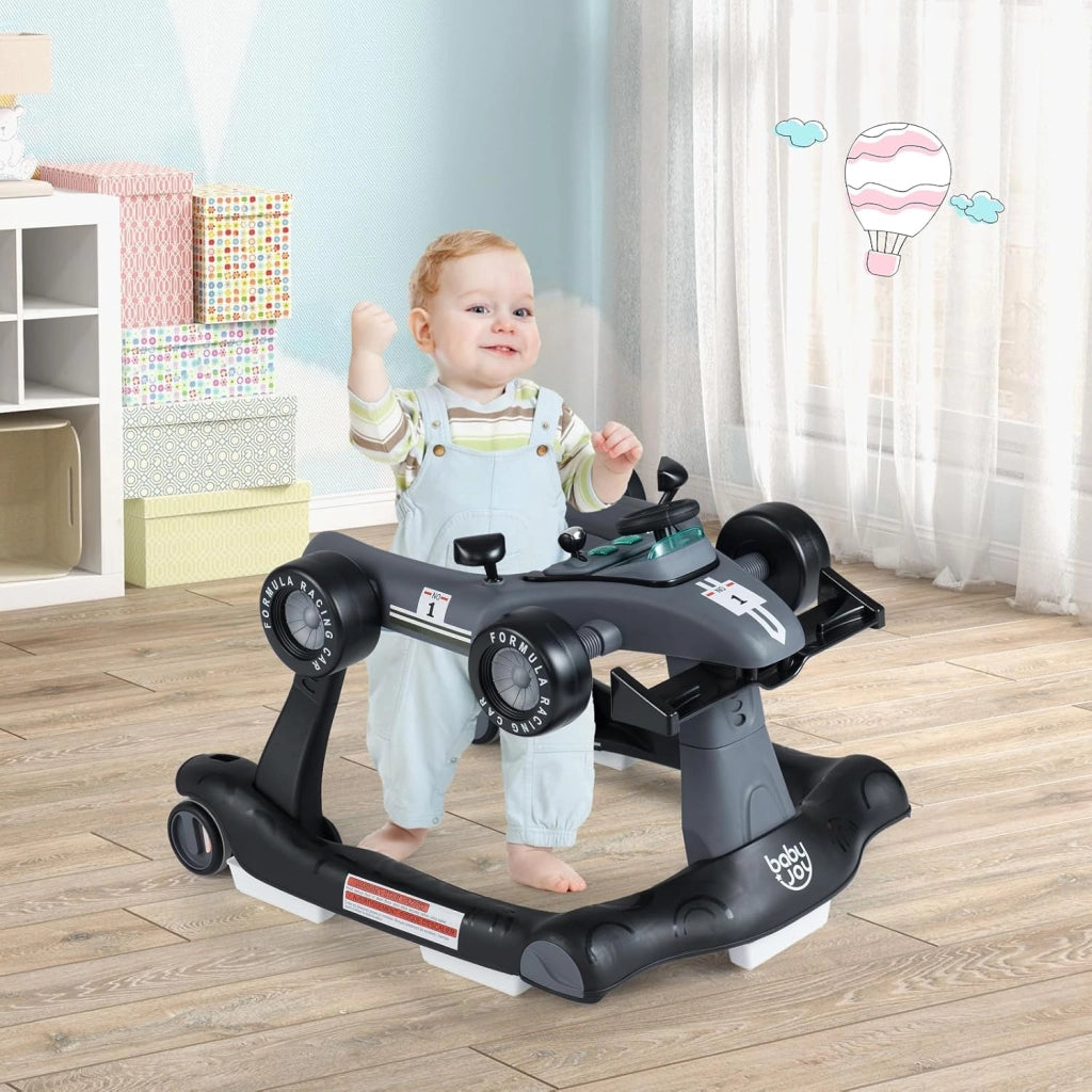 Girello per Bambini 6-18 Mesi, Baby Walker 4 in 1 con Musica e Luci, Primi Passi Piegevole e Portatile, Altezza e Velocità Regolabili, Carrello da Spinta, Forma di Macchinina (Grigio)