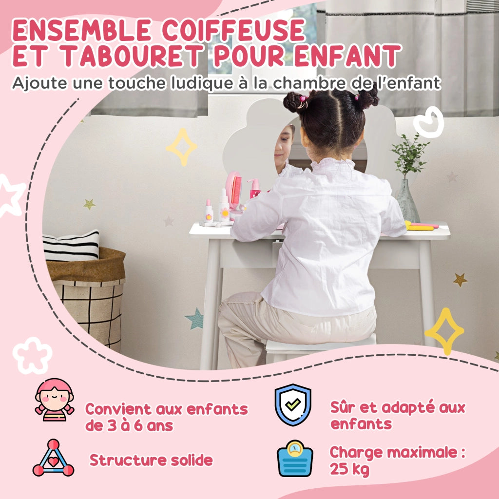 Scrivania con specchio e sedia per bambini ¨C zephmum ¨C bianco 60x40x80