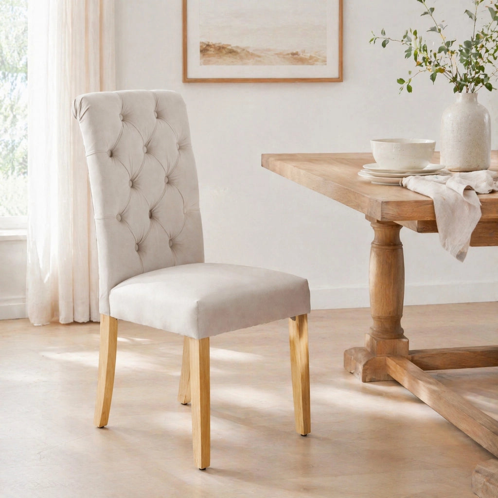 Set di 2 sedie da pranzo moderne in velluto beige con gambe in legno di quercia