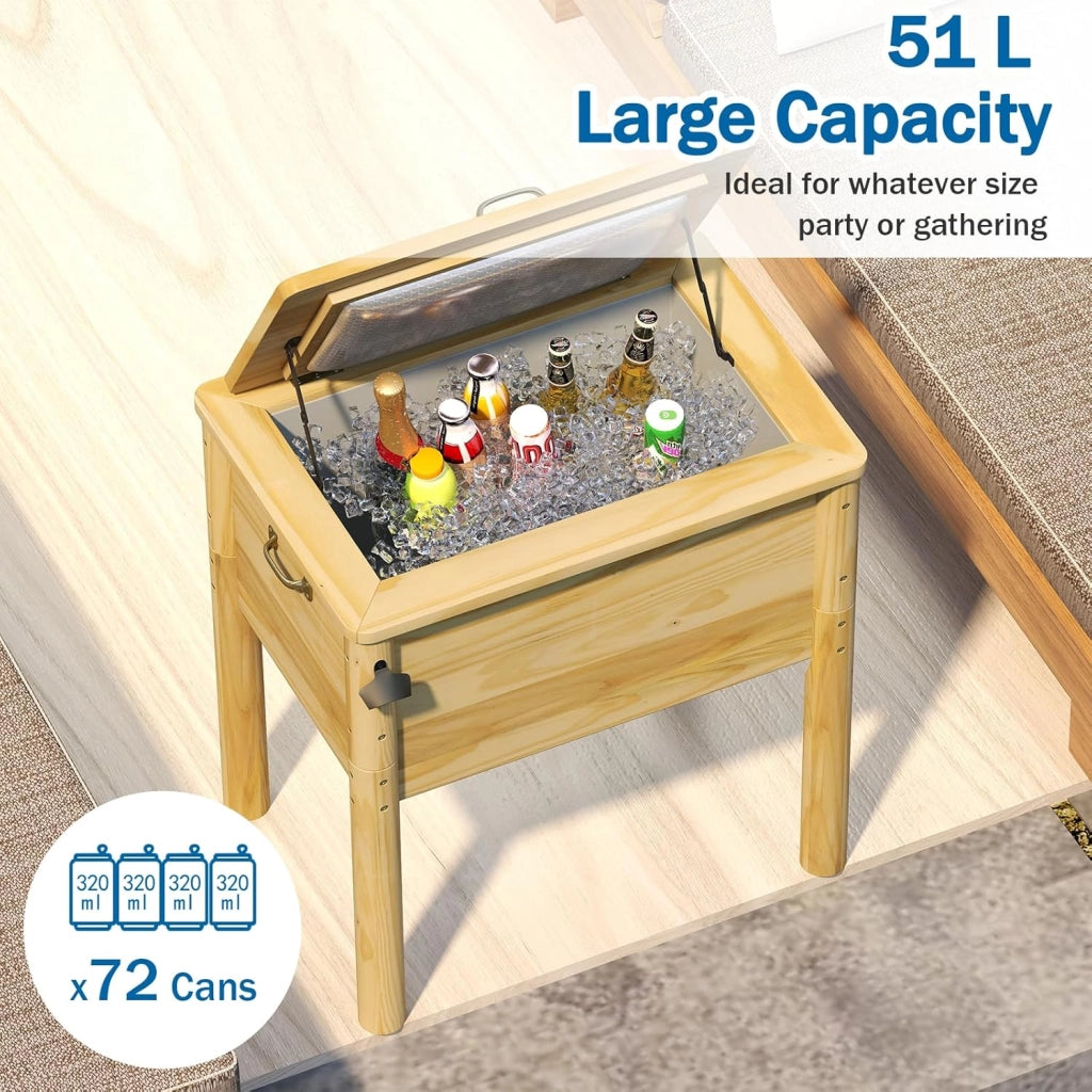 Frigorifero per rotelle, 51 l, bar all'aperto mobile 67 x 47 x 74 cm, tempo di mantenimento 2-4 ore, materiale in legno di pino solido, per giardino, terrazza, piscina, bistrot, naturale