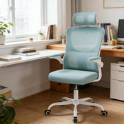 Sedia da ufficio ergonomica con schienale in rete, supporto lombare, poggiatesta e funzione oscillante blu