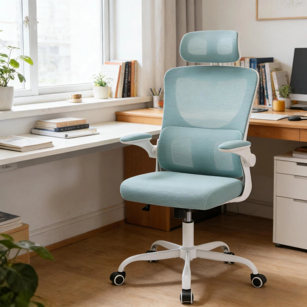 Sedia da ufficio ergonomica con schienale in rete, supporto lombare, poggiatesta e funzione oscillante blu