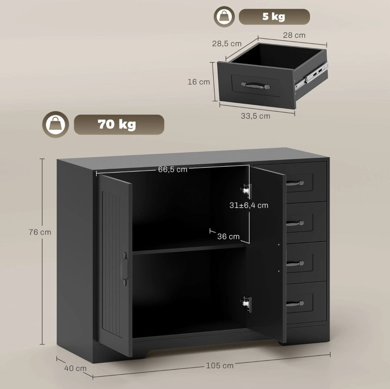 Mobile con 4 cassetti e 1 anta, stile moderno, 105x40x76 cm, colore nero