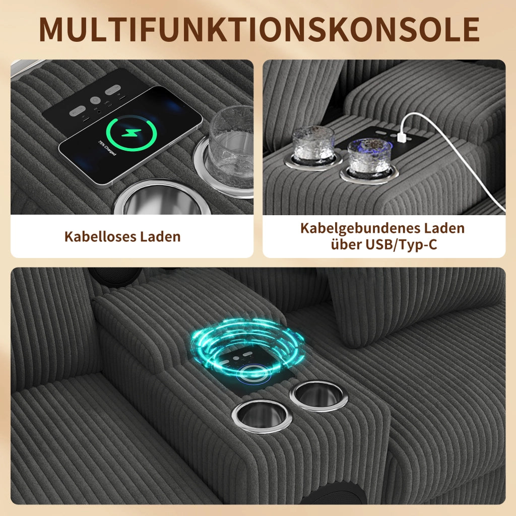 Divano modulare a U in velluto a coste con contenitore; Bluetooth; ricarica wireless; USB; cuscini; grigio 315;5 Ã— 144 Ã— 84;5 cm