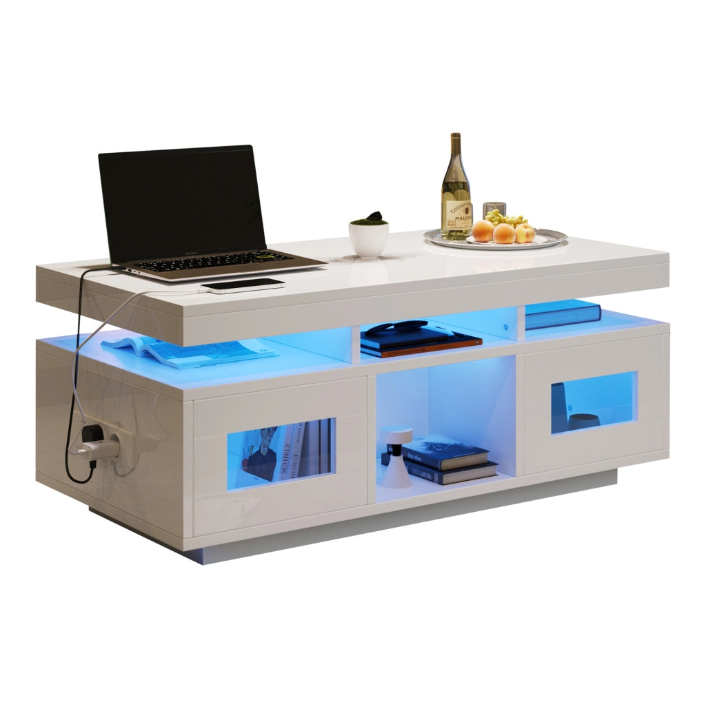 Tavolino da caff猫 100x50x43 cm; luci LED da app e prese USB; 2 armadi e 2 vani; truciolare bianco