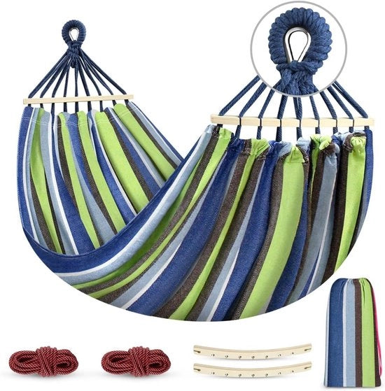 Hangmat per esterno - Materassino per esterno e giardino - Capacità di carico 250 kg - Con paline in legno e cavi anti-scivolo - Inclusa tasca da trasporto - Ideale per giardino, balcone, terrazza, spiaggia, escursioni - 275 x 155 cm