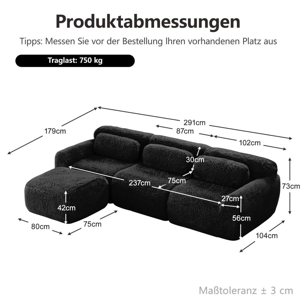 Divano angolare modulare con Penisola, senza Montaggio, Base Antiscivolo, con Cuscini, in Peluche, Nero