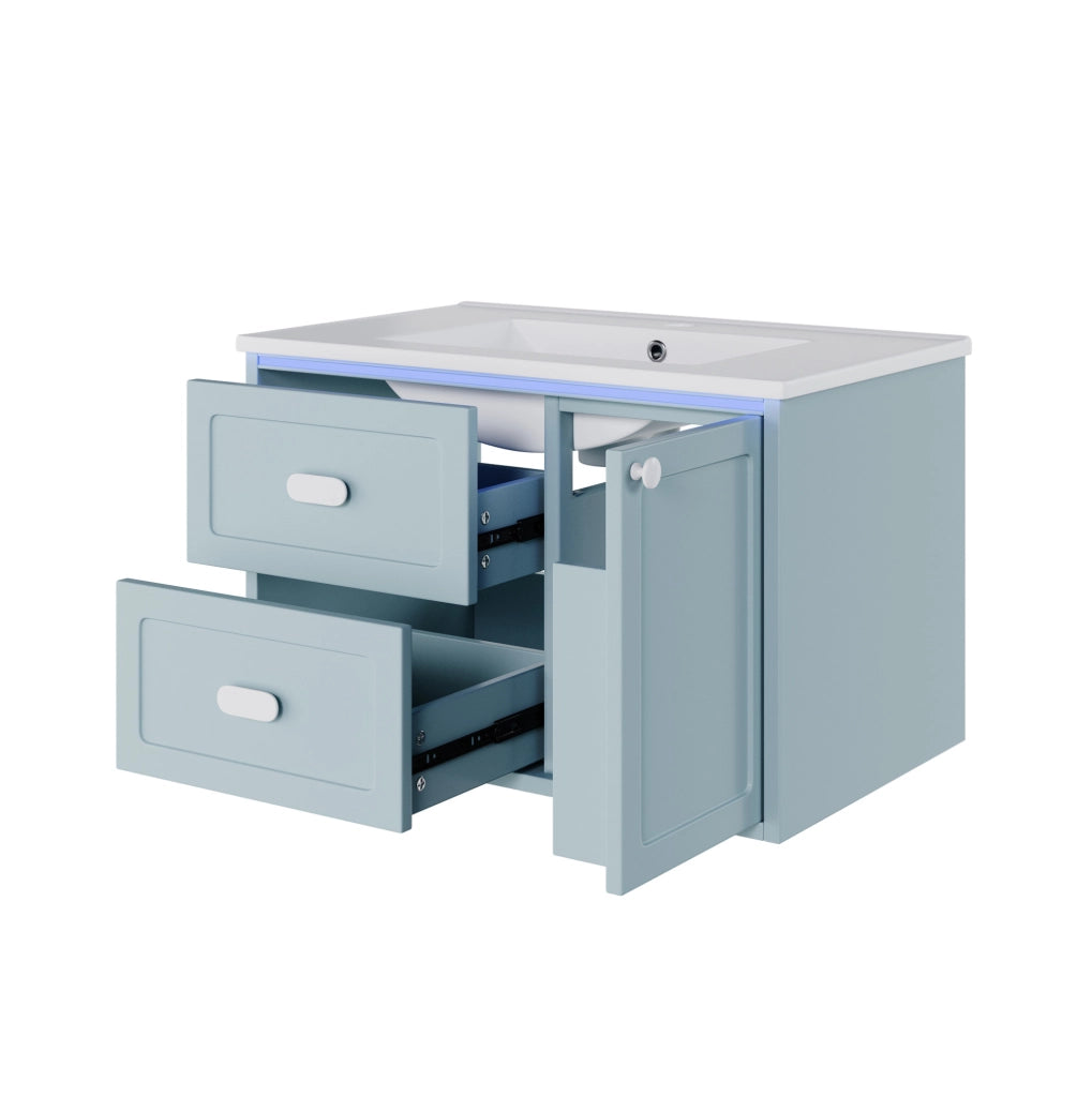 Mobile bagno sospeso 76x46x51 cm con illuminazione LED a sensore; lavabo integrato in ceramica; MDF blu