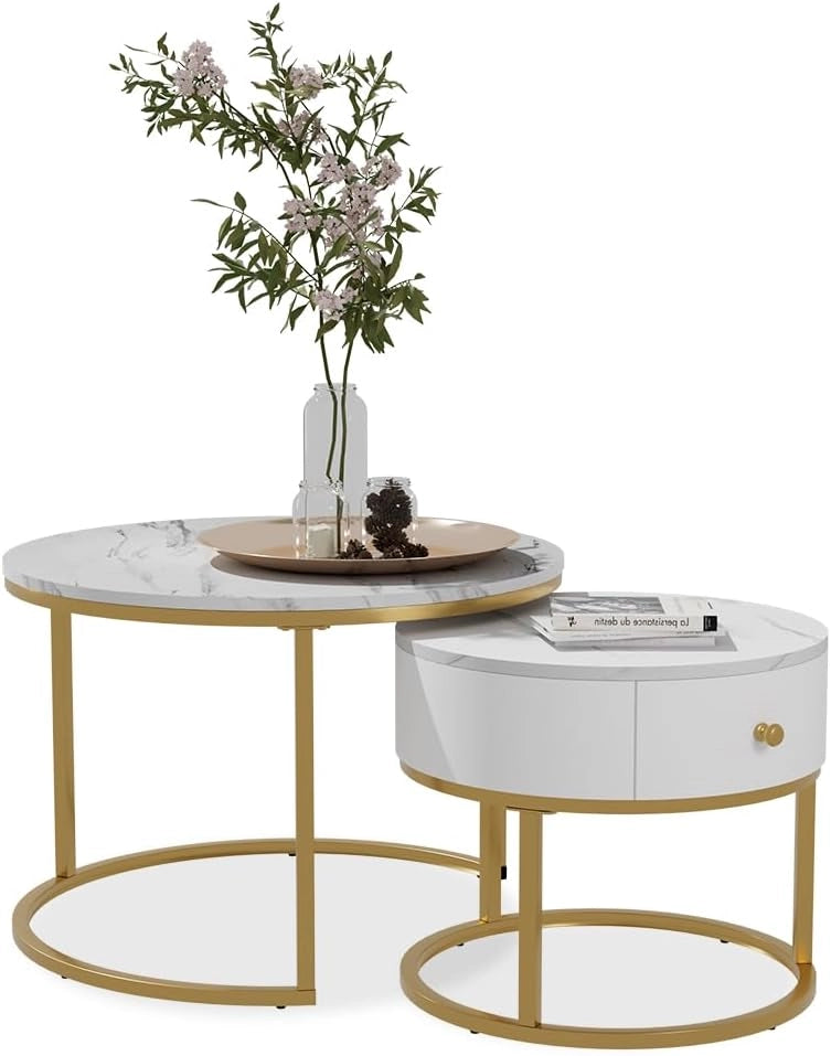 Set di tavolini Madrid, Marmo bianco, 70 x 70 cm, tavolino con cassetto, utilizzabile come tavolino d'appoggio per spazio aggiuntivo