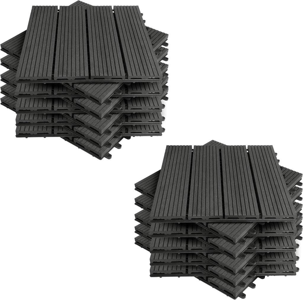 22 pezzi DIY Piastrella da giardino Terrazza Mattonelle Pavimento per casa in WPC Doghe Legno 30x30 cm Carbone-Nero