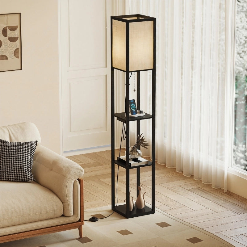 Lampada da terra a LED con ripiani, dimmerabile, interruttore a catenella e portalampade, nera