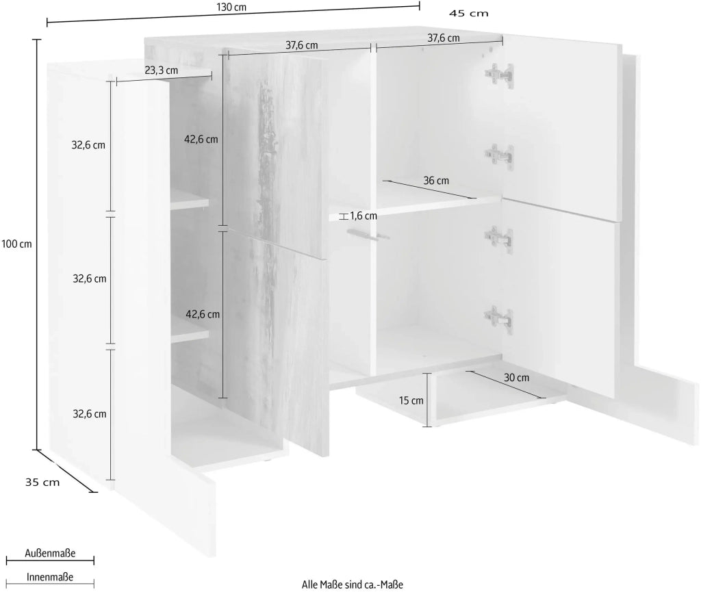Mobile Madia Pillon L 130 x H 100 x P 45 cm bianco lucido e grigio ardesia