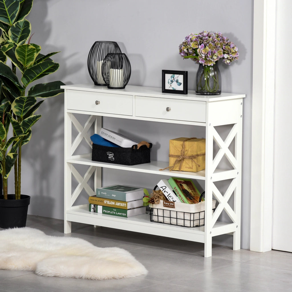 Consolle Ingresso con 2 Cassetti e 2 Ripiani ¨C zephmum ¨C Bianco 100x30.5x80 cm