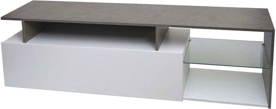 TV-rek MCW-L35, lowboard TV-tavolo, comodino TV, mobile per oggetti, in legno 47x170x40cm con cassetto di ripostiglio, finitura bianco cemento.