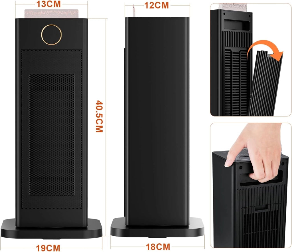 Termoventilatore piccolo con funzione di umidificazione e luce ambientale, 2000 W, riscalda rapidamente, silenzioso, timer 12 ore, 3 modalità, protezione antiribaltamento, riscaldamento elettrico con