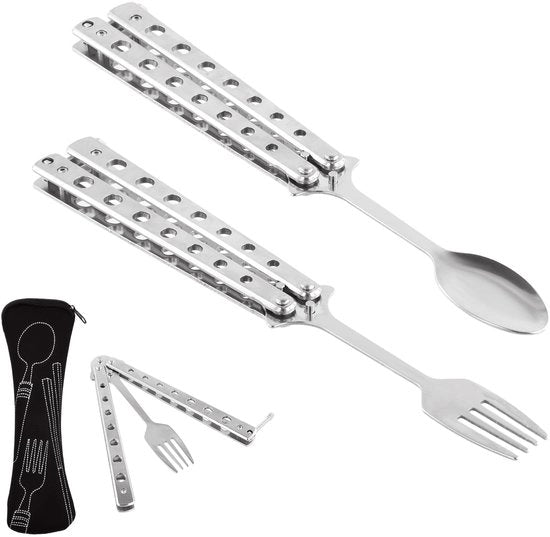 Set di forchette e cucchiai a forma di farfalla, 2 pezzi, set multifunzionale di utensili da campeggio, set di utensili da cucina pieghevole in acciaio inossidabile, utensili da cucina da viaggio, campeggio, escursioni, barbecue, utensili da cucina