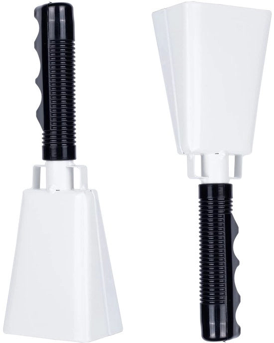 Coebello in acciaio da 10 pollici (circa 25,4 cm) con manico, confezione da 2 grandi coebelli, adatto per eventi sportivi, coebelli per percussioni a mano, partite di calcio, feste, concerti, cerimonie di consegna di diplomi, scuole (bianco).