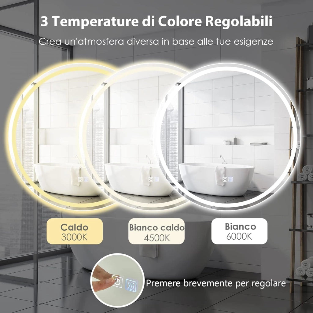 Specchio Bagno con LED, Specchio da Parete IP44 con Luce Regolabile 3000-6000k a 3 Colori, Telaio in Alluminio e Funzione Disappannamento per Paccucchiere e Camerino (Rotondo Ø 60cm)