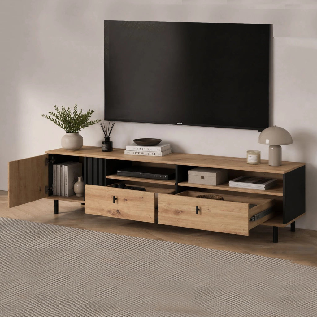 Kalese, Mobile Porta tv 2 Cassetti, 165x40x49h cm Marrone Rovere Nodi