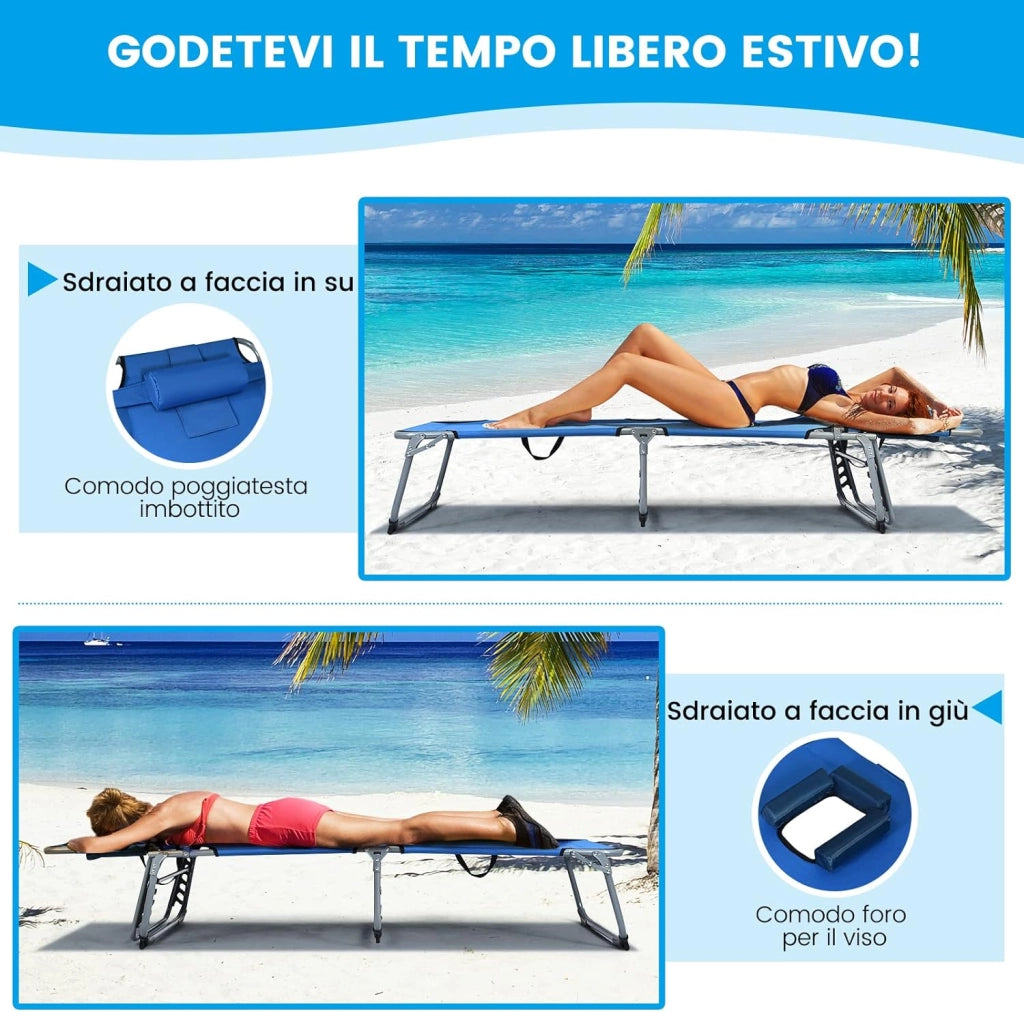 Lettino Prendisole Pieghevole, Sedia a Sdraio da Giardino con Foro per il Viso e Cuscini, Schienale Reclinabile, per Spiaggia Patio Piscina (Blu)