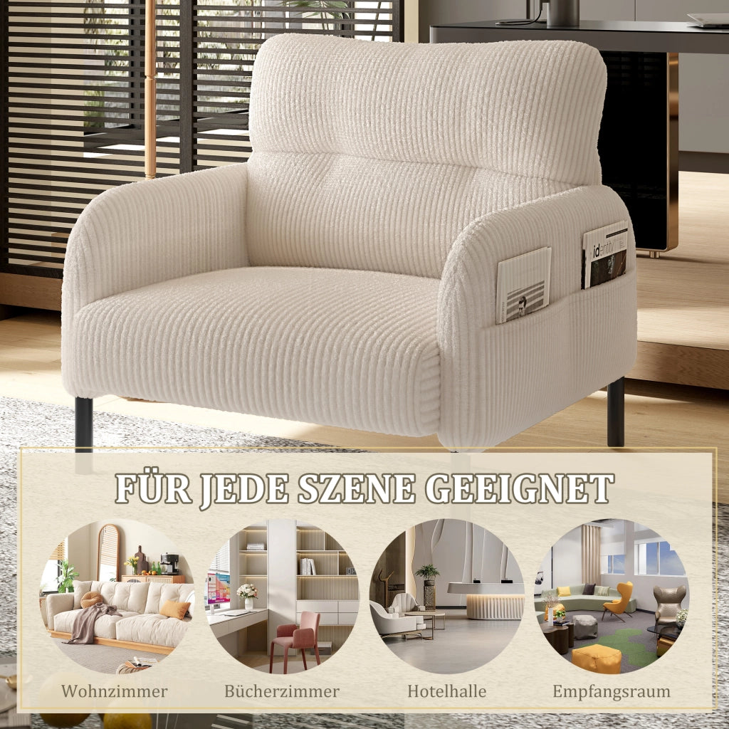 POLTRONA con tasca laterale 67 x 75 x 79 cm in velluto a coste beige