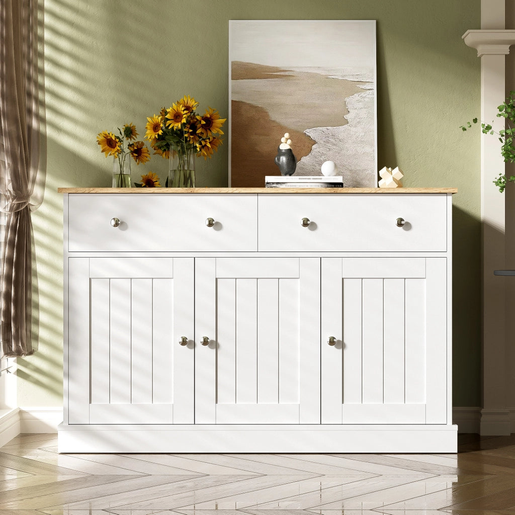 Credenza con 3 Ante e 2 Cassetti; Apertura Push-to-Open; Texture in Rilievo; in Pannello Truciolare; Bianco; 120??36??80;5 cm