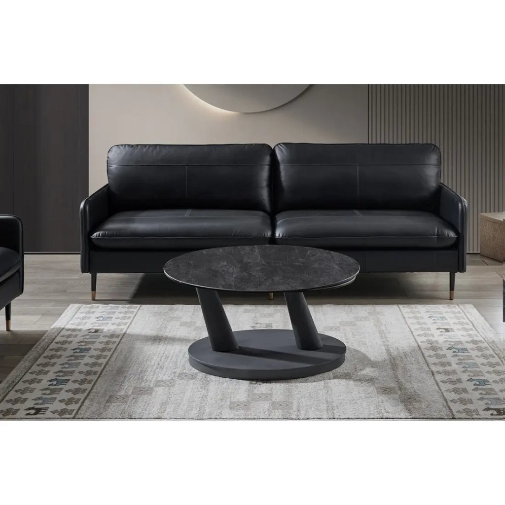 Table bassa VIRELLO – Tavolino rotondo Ø80 cm – Pietra naturale grigio scuro & metallo – Design contemporaneo e robusto