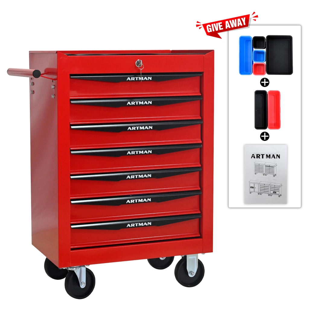 Carrello portautensili con 7 cassetti e chiusura, in acciaio, su ruote, per garage, rosso nero, 60 × 33 × 77,5 cm