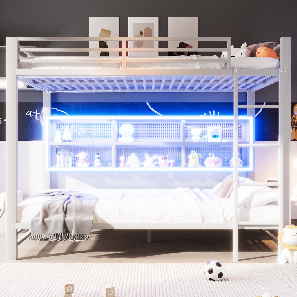 Letto a castello 140 × 200 cm con 6 armadietti, LED regolabile e ripiano, senza materasso, in metallo, bianco