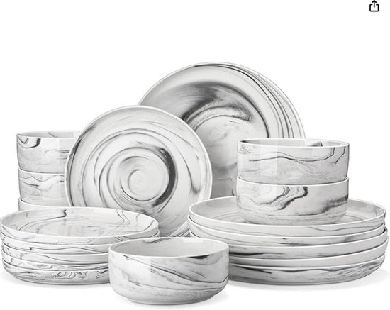 Servizio da 18 pezzi per 6 persone in porcellana - Set di tavola e contenitori in marmo grigio - Servizio a forma rotonda adatto per lavastoviglie e forno a microonde