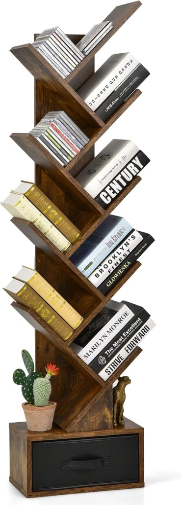 Libreria ad Albero, a 8 Ripiani, Scaffale per Libri con Cassetto Rimovibile, Design di Antiribaltamento, Organizzazione per CD, Riviste, Libri, 38x20x149,5 cm, 4 Colori (Marrone)