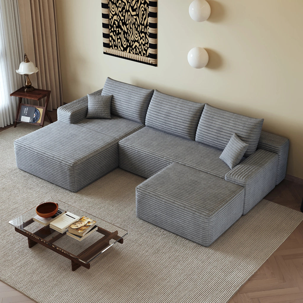 Divano angolare modulare senza montaggio con chaise longue in velluto a coste grigio e schiuma ad alta elasticità