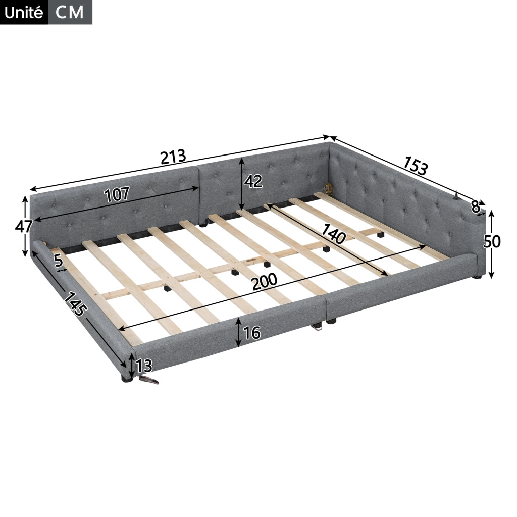 Letto imbottito matrimoniale 140×200 cm con USB; Type-C; LED; testiera; senza materasso; grigio