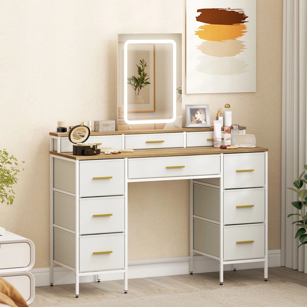 Scrivania trucco con specchio e luci LED ¨C Zephmum ¨C 118.5x39.5x140 cm naturale