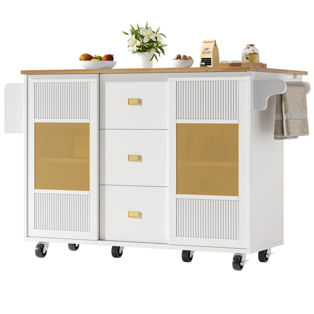 Isola da cucina mobile con piano ribaltabile, 146,85x70x90 cm, bianca, MDF e metallo
