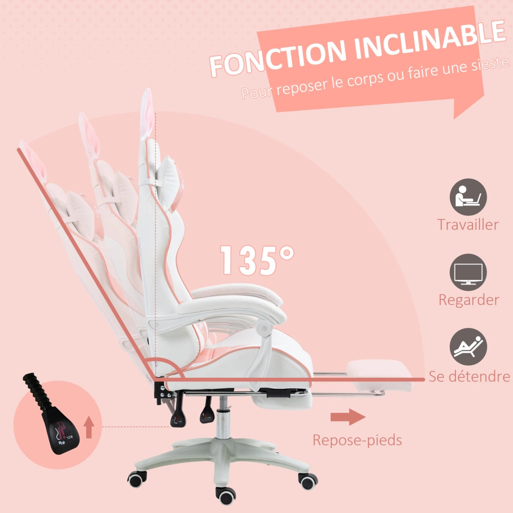 Sedia da Gaming con Supporto Lombare, Schienale Regolabile e Orecchie ¨C zephmum ¨C Rosa