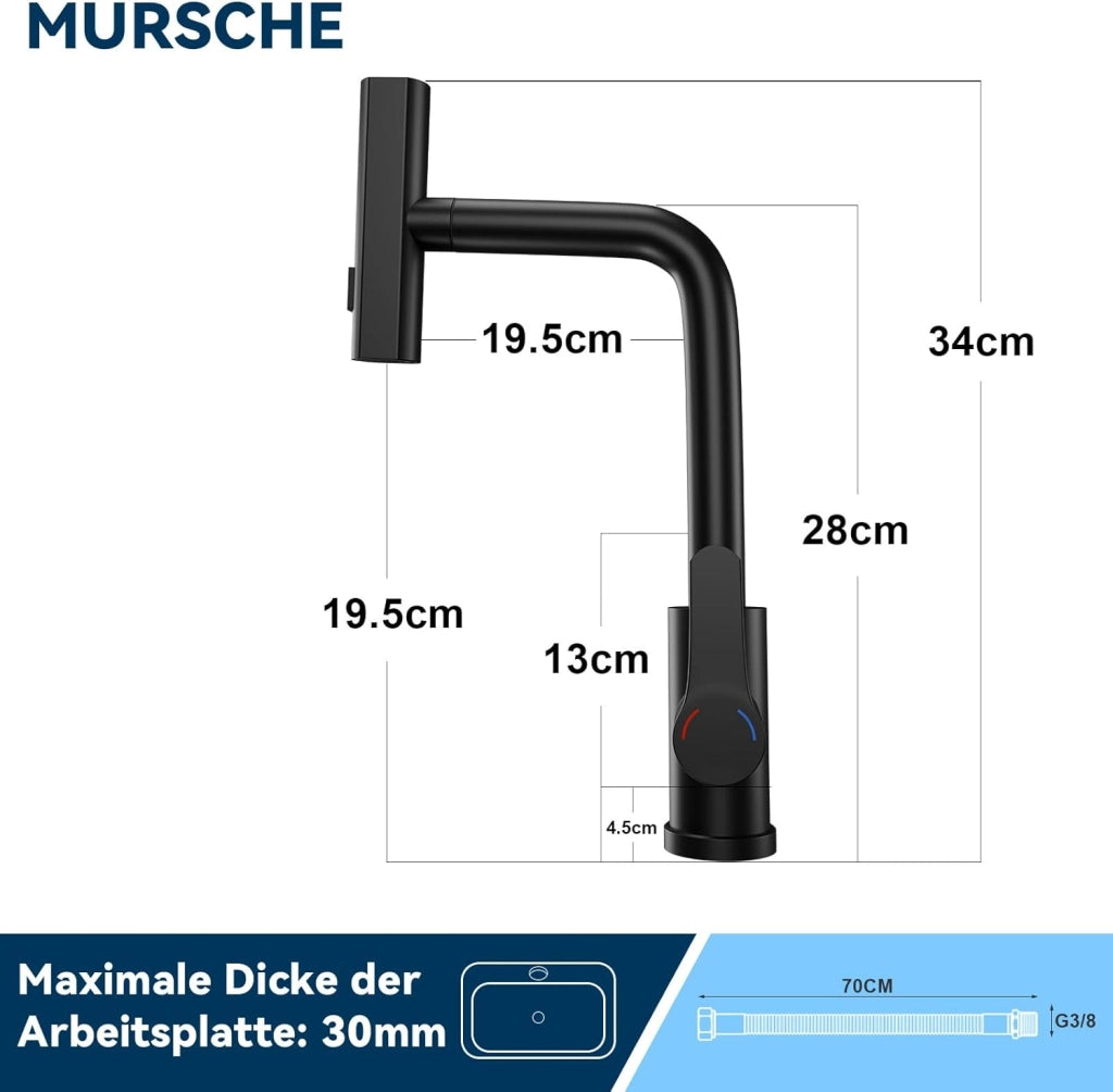 ZMH Miscelatore nero con doccetta estraibile e rotazione a 360°Miscelatore in acciaio inox con 2 getti