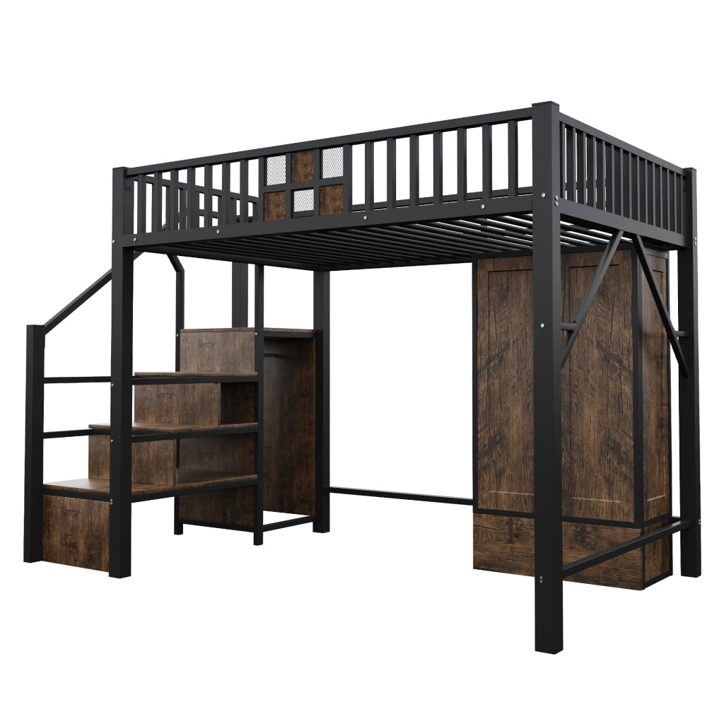 Letto a soppalco in metallo 140 x 200 cm con armadio, cassetti e scala contenitore, nero